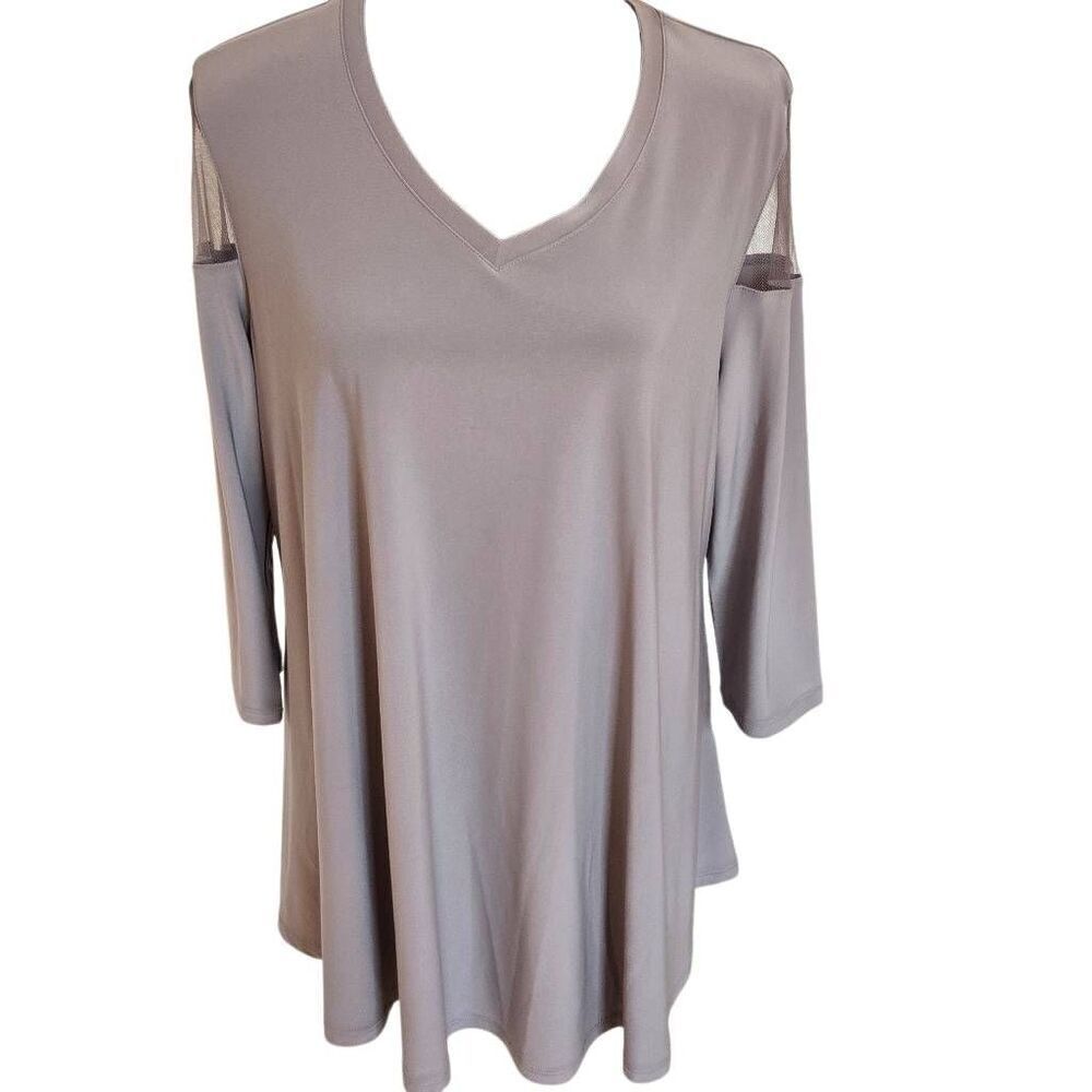 by JJ Basic V Neck Sheer Shoulder Sleeves Grey Tunic Size Medium